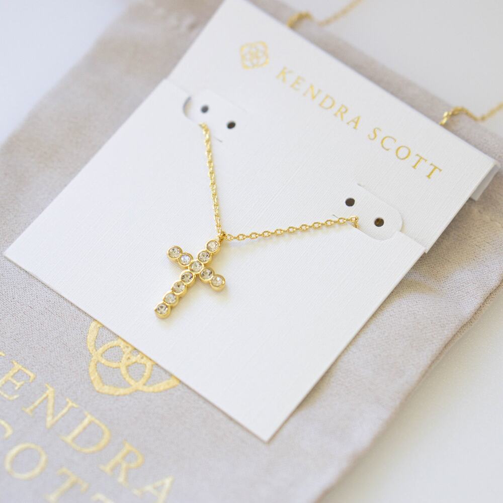 Kendra Scott Cross Gold Pendant Necklace in White CZ